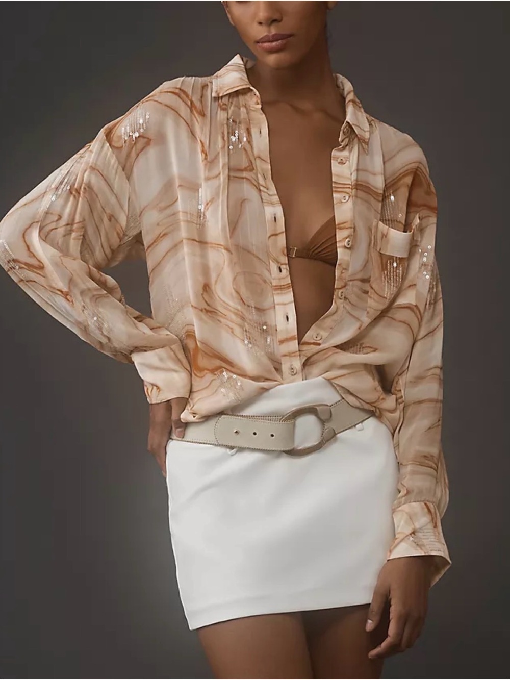 Anthropologie Pilcro Marble Shine Buttondown Shirt Semi Sheer Sequined Size XL